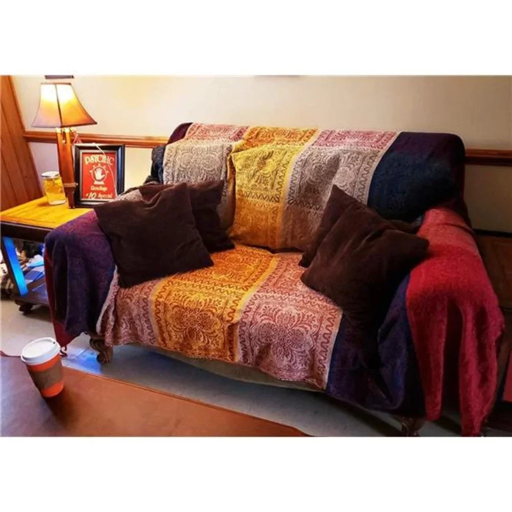 Boho Throw Blanket, Colorful Chenille Jacquard Bohemian Chair Recliner Cover